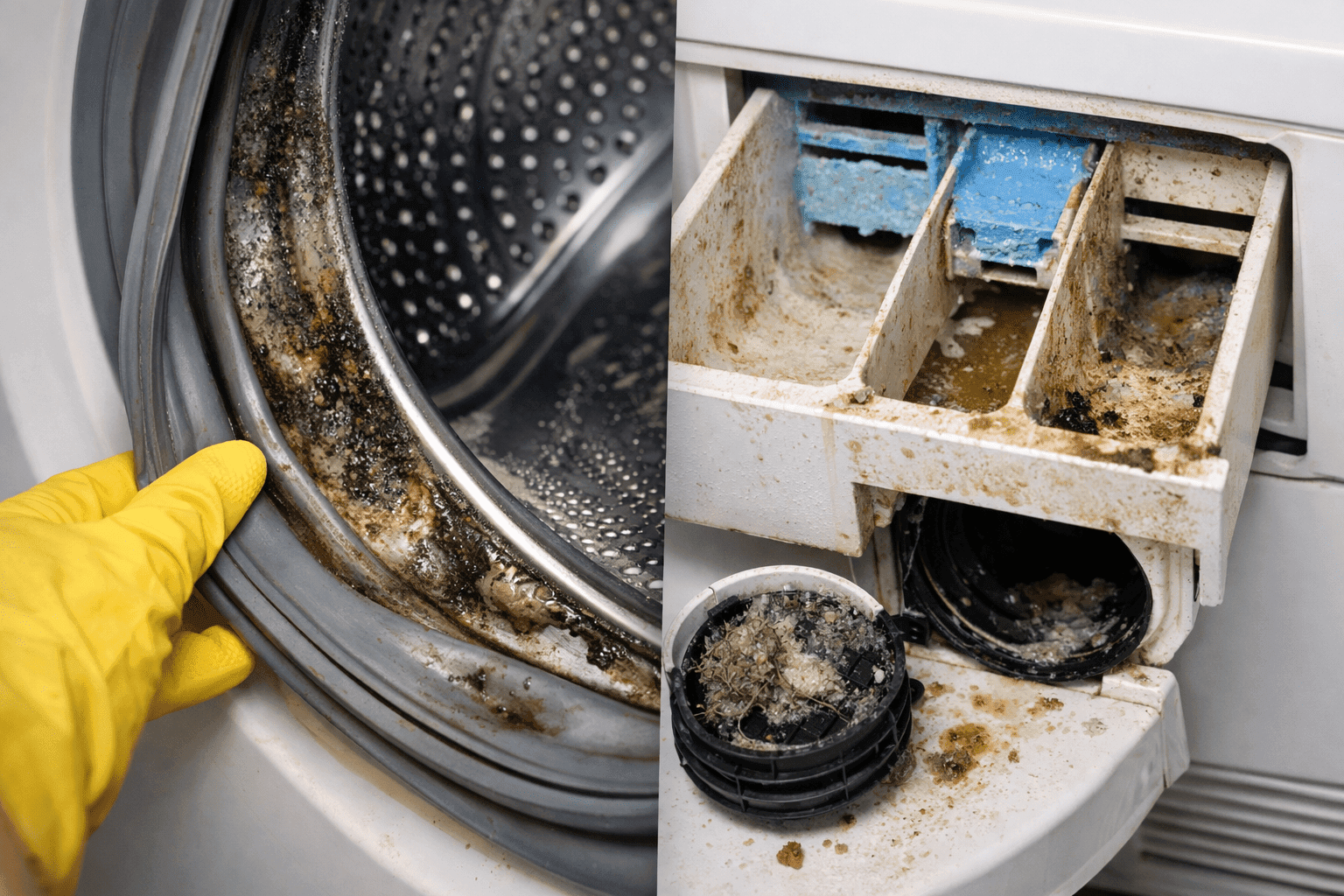 מכונת כביסה מלוכלכת עם ריח לא נעים