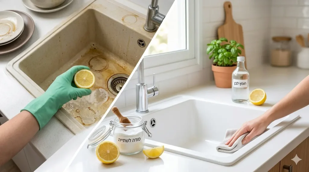 איך לנקות כיור מטבח שהצהיב? השיטות להחזרת הלובן | GreenNook איך לנקות כיור מטבח שהצהיב