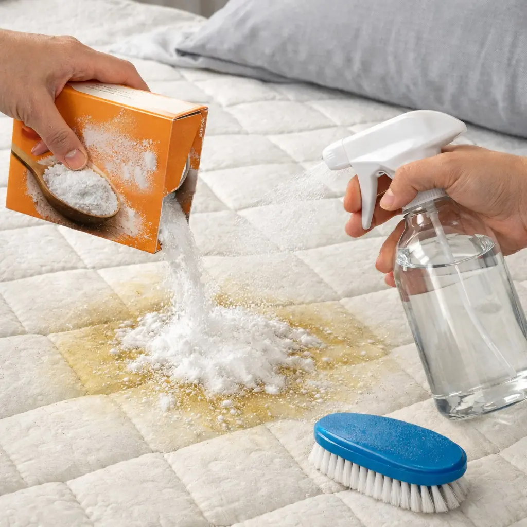 ניקוי מזרון עם סודה לשתייה וחומץ להסרת כתמי שתן